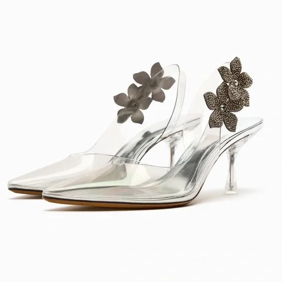 Zara Shoes Nwt Zara Clear Vinyl Floral Rhinestone Heels
